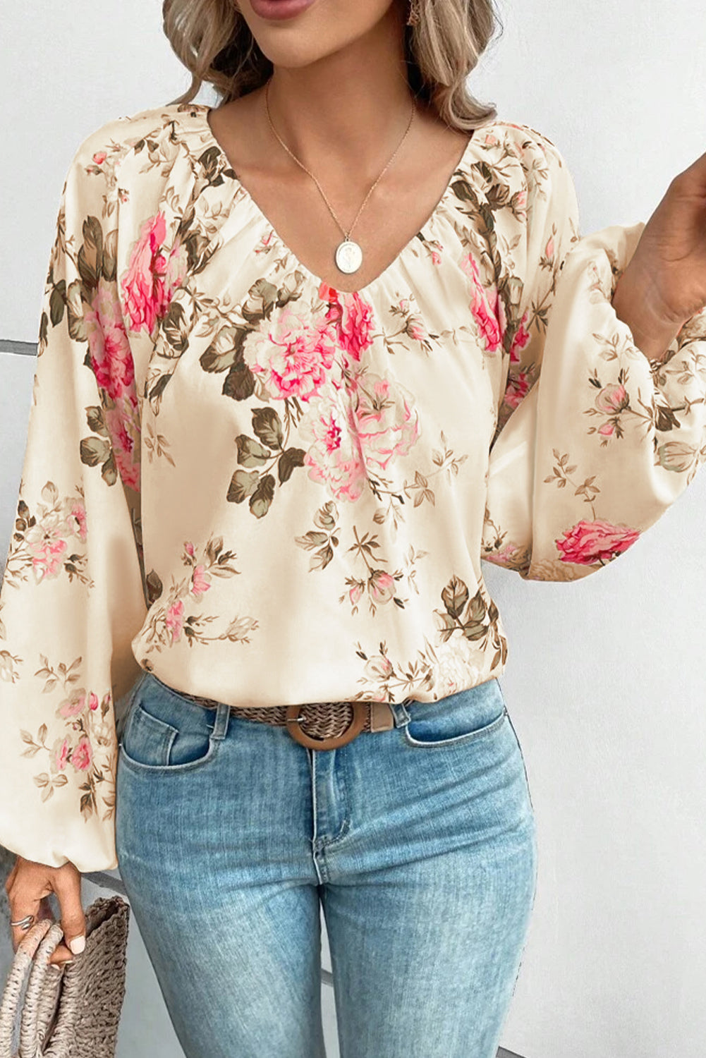 Floral Print Lantern Sleeve V-Neck Blouse