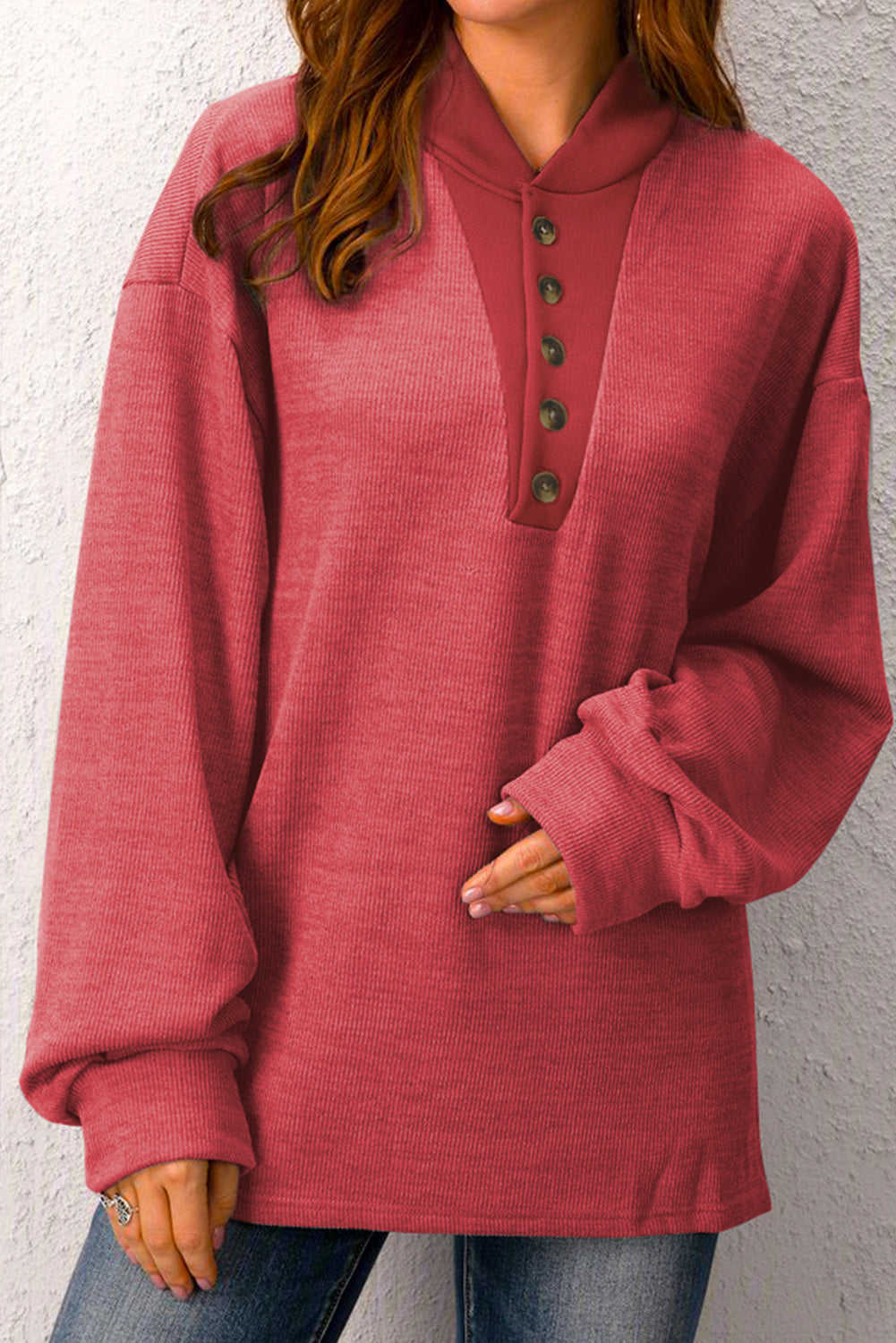 Sweat Henley boutonné uni rouge