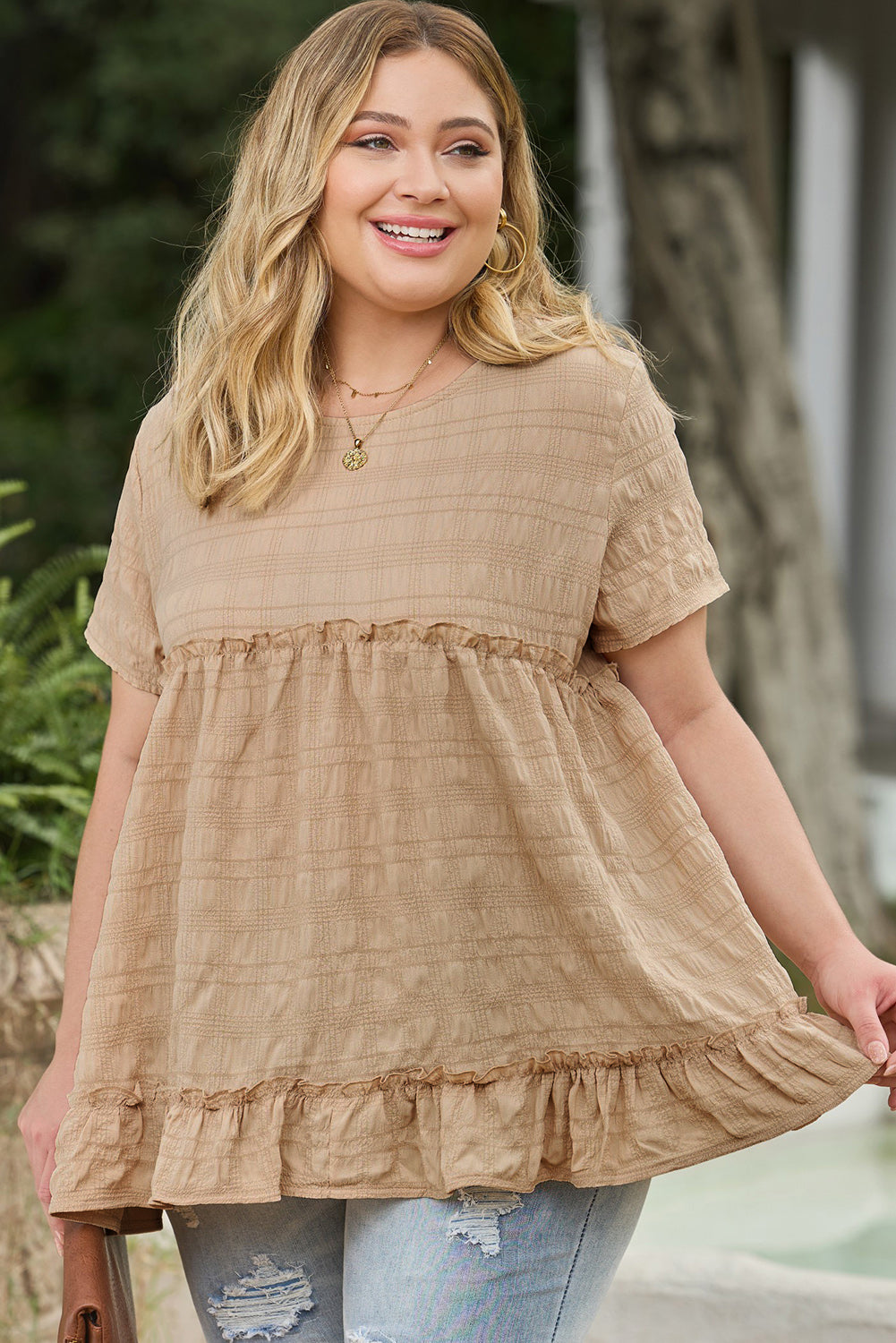 Plus Size Crinkle Textured Ruffle Trim Babydoll Top