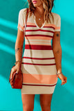 Striped Ribbed Knit V Neck Bodycon Mini Dress