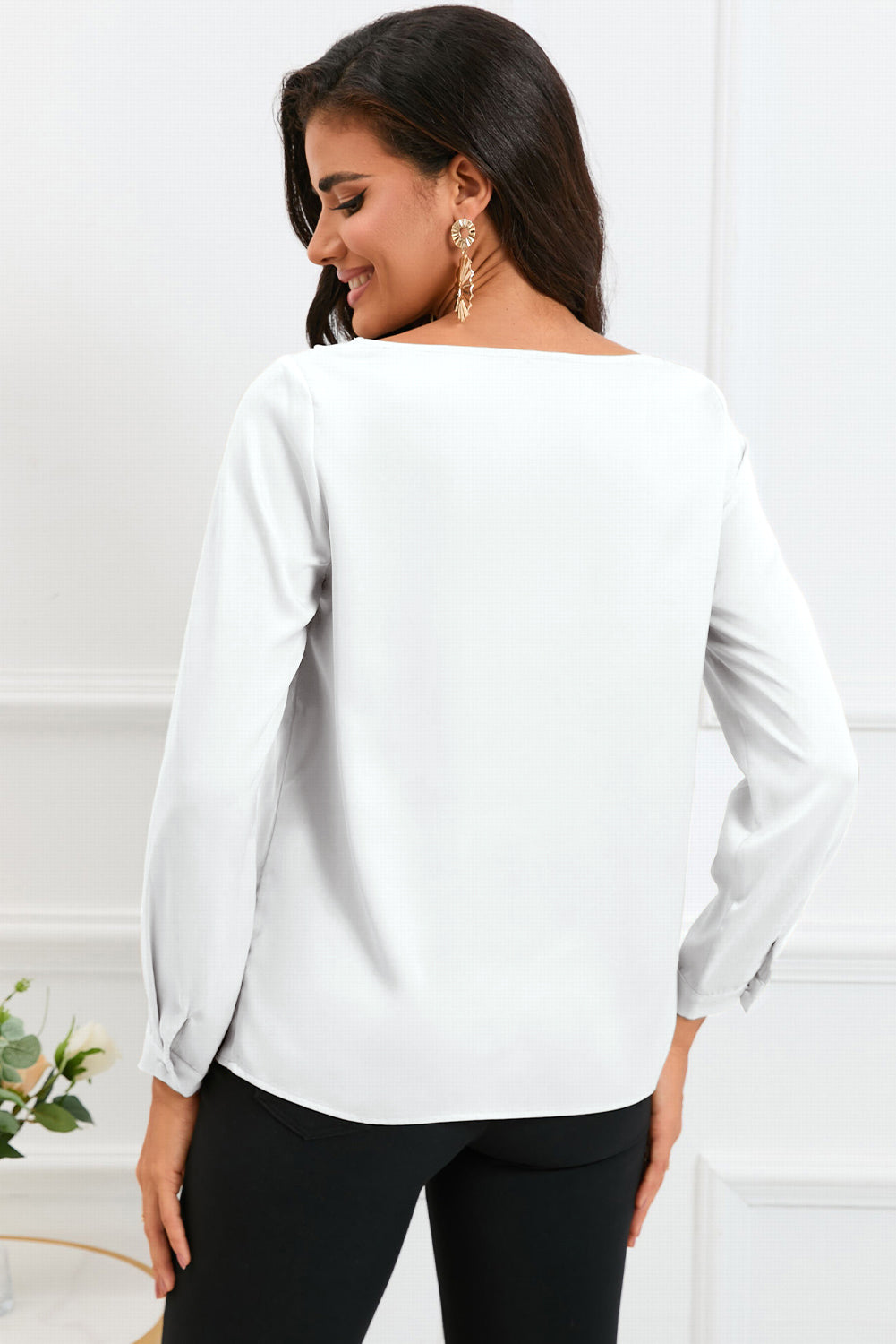 Solid Asymmetric V Neck Long Sleeve Satin Blouse