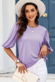 Bubble Half Sleeves Ribbed Knit Top