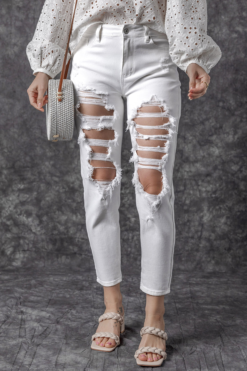 Jean skinny taille haute blanc déchiré et déchiré