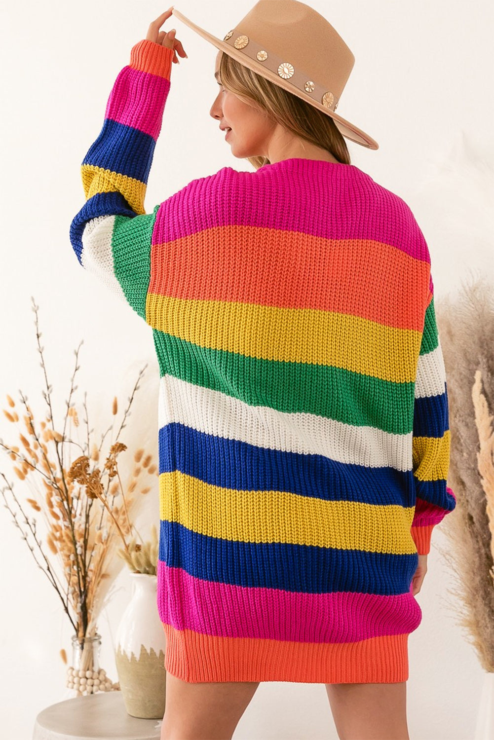 Cardigan long imprimé à rayures multicolores