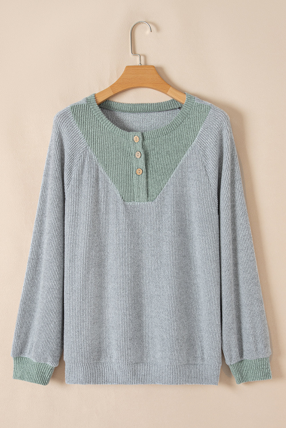 Light Grey Color Contrast Ribbed Loose Fit Long Sleeve Top