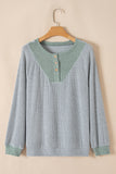 Light Grey Color Contrast Ribbed Loose Fit Long Sleeve Top