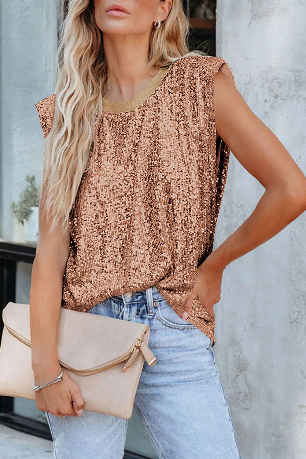 Sequin Round Neck Tank Top