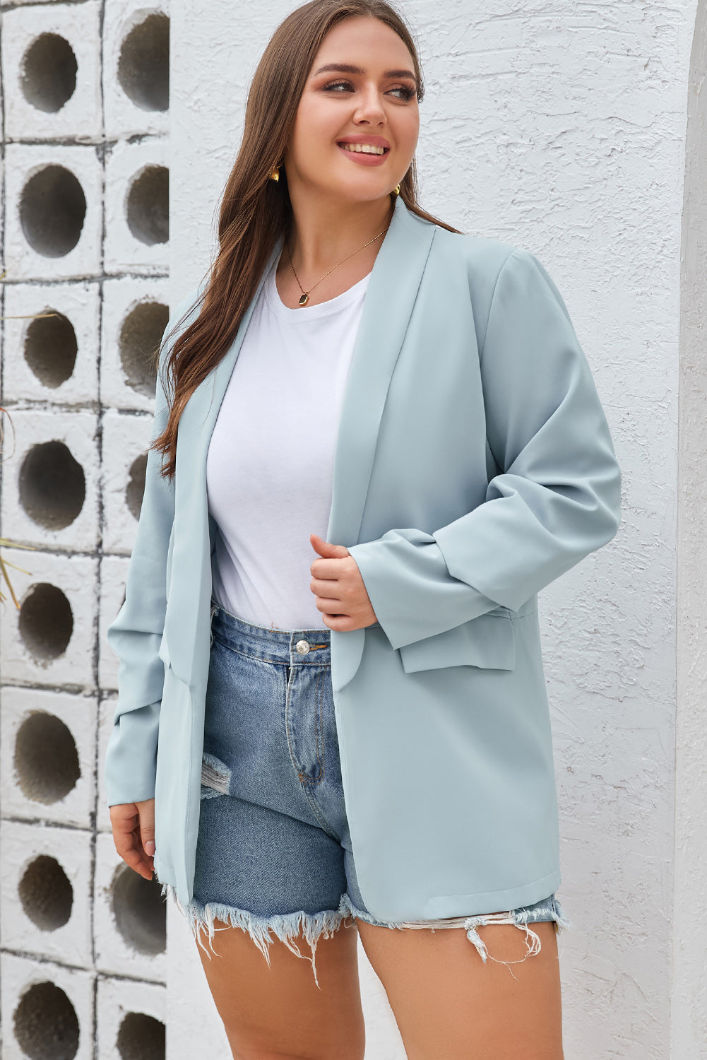 Blazer à Revers avec Poches Léger et Doux de Grande Taille Bleu Ciel