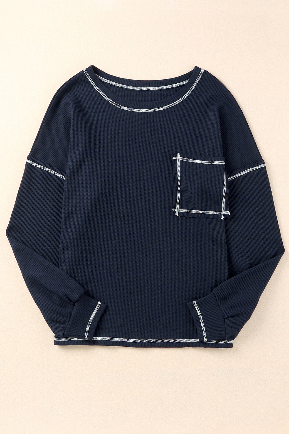 Contrast Stitching Trim Waffle Knit Pullover