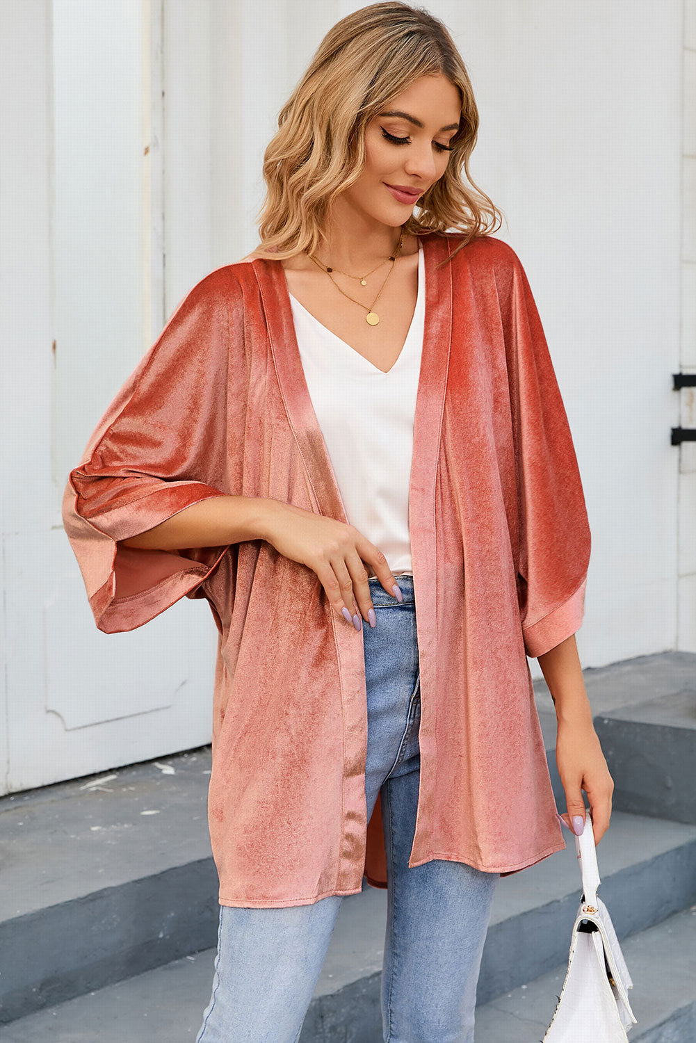 Cardigan à manches larges en velours rétro rose