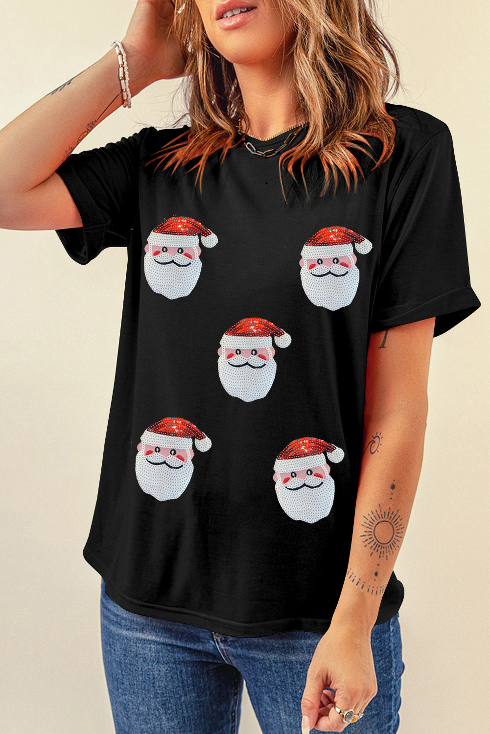 Black Faux Sequin Christmas Claus Pattern Crewneck T Shirt