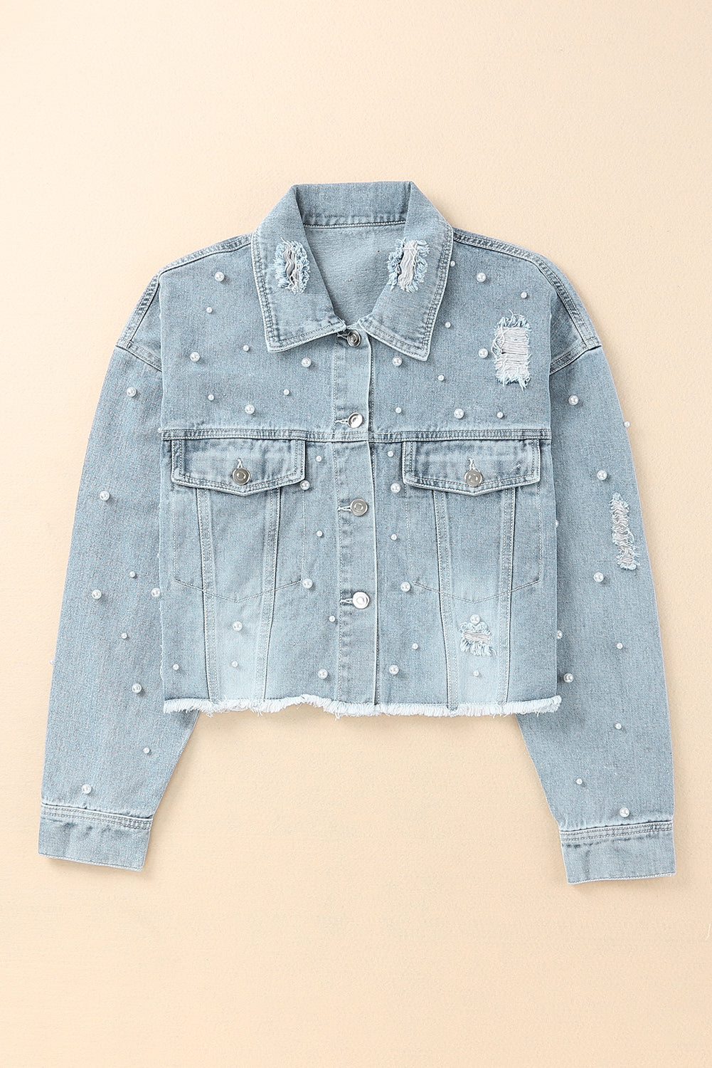 Pearls Beading Cropped Denim Jacket