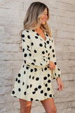 Beige Polka Dot Printed Surplice V Neck Puff Sleeve Mini Dress