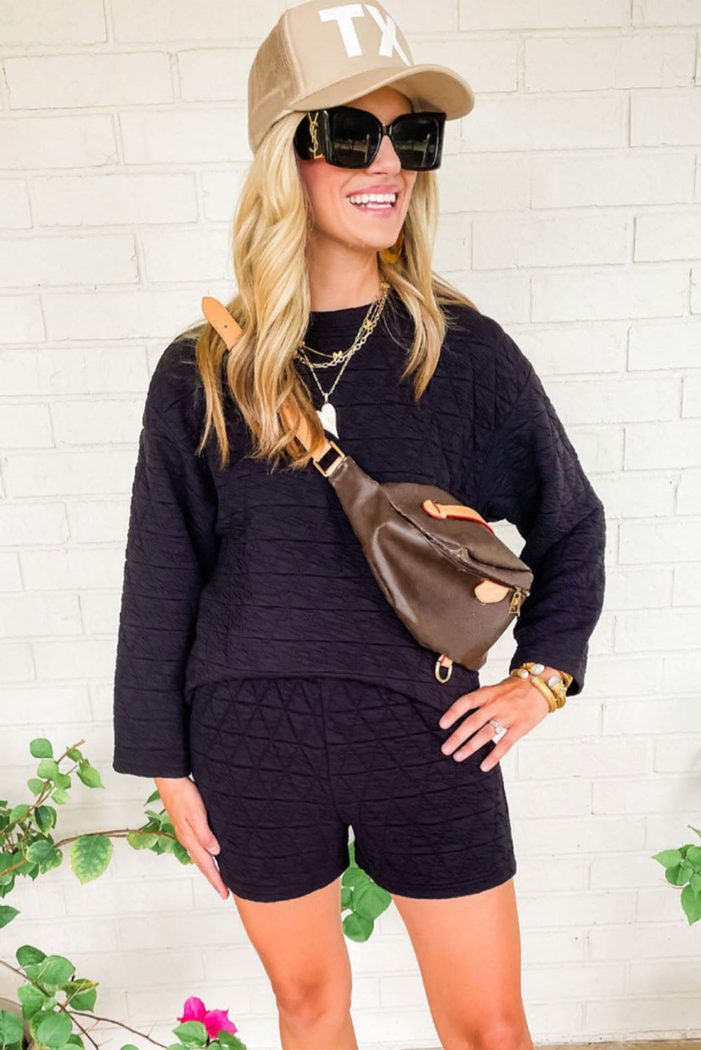 Black Textured Long Sleeve Top Shorts Outfit