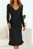 Ribbed V-Neck Belted Frilled Elegant Sweater Dress