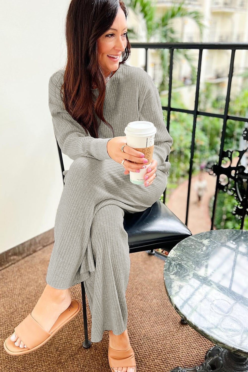 Ribbed Drop Shoulder Pullover and Pants Lounge Set