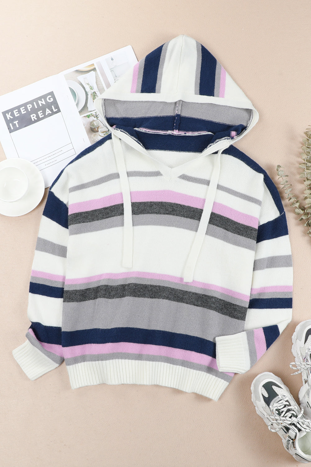 Plus Size Striped Hooded Knit Sweater