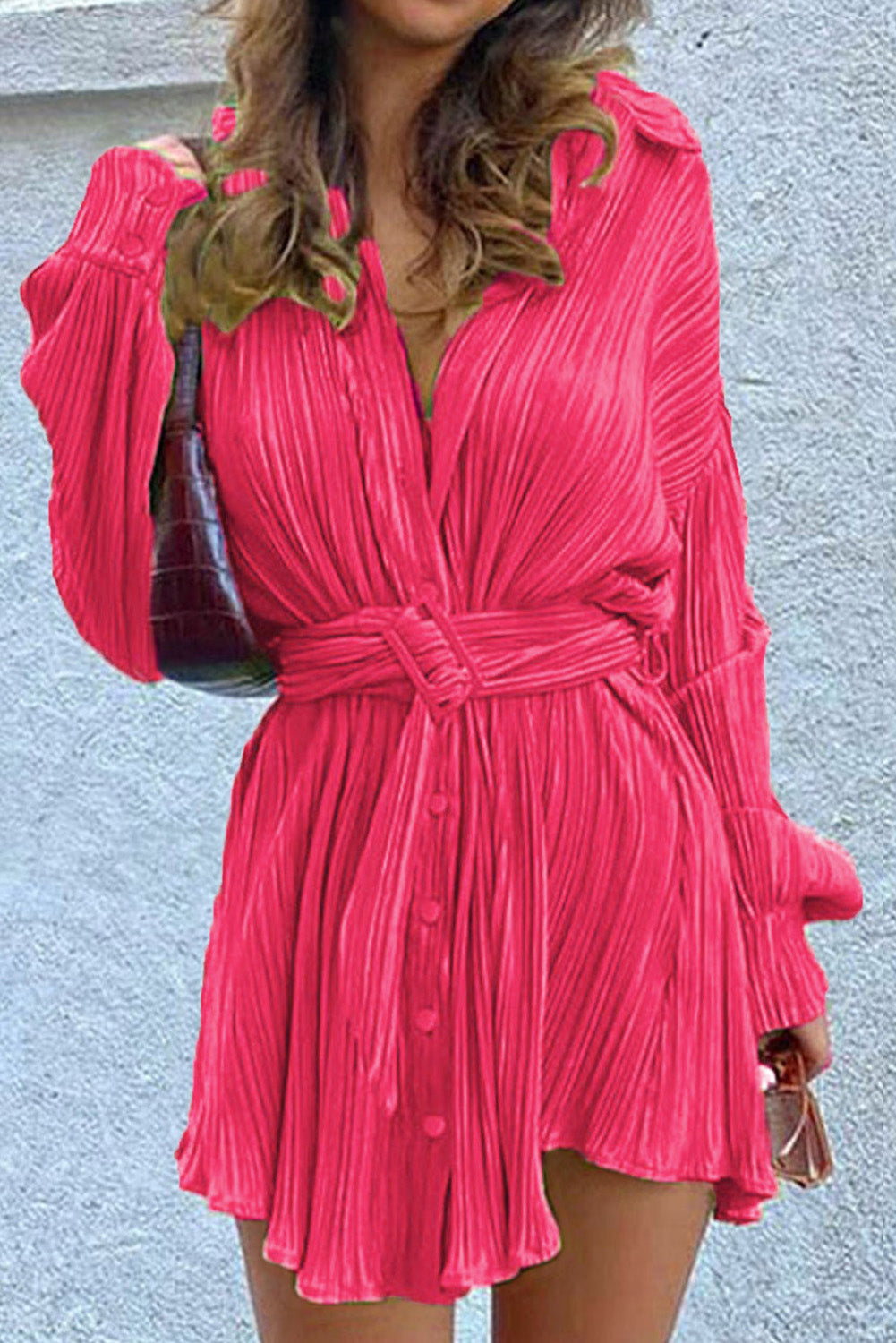 Rose Pleated Buckle Belt Drop Shoulder Shirt Mini Dress