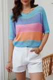 Knitted Eyelet Colorblock Striped Half Sleeves Top