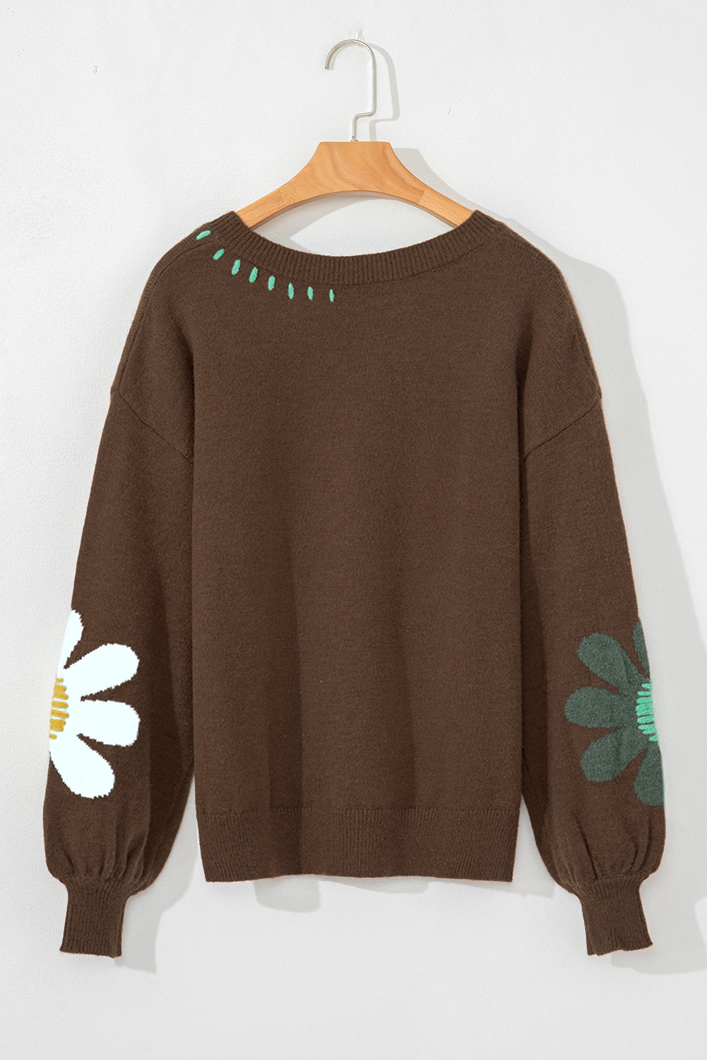 Coffee Big Flower Pattern V Neck Drop Shoulder Sweater