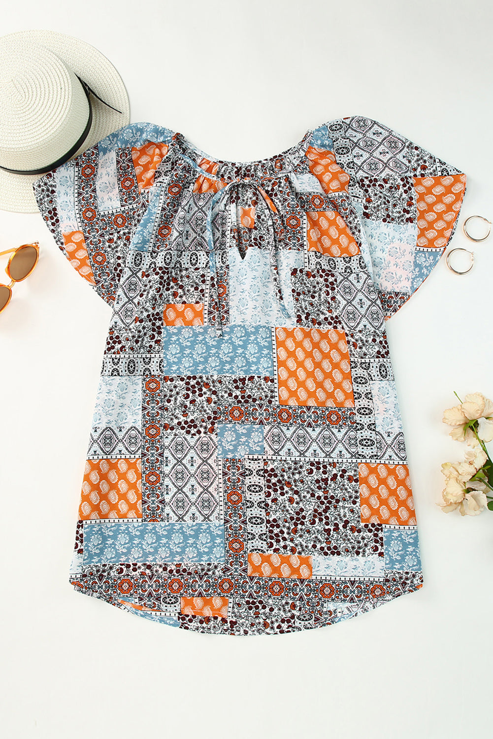 Boho Mixed Patterns Flutter Sleeves Top