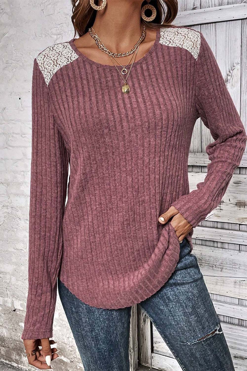 Ribbed Knit Lace Patch Shoulder Casual Sweater