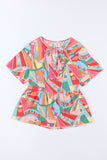 Abstract Geometry Print Half Puff Sleeve Loose Shirt