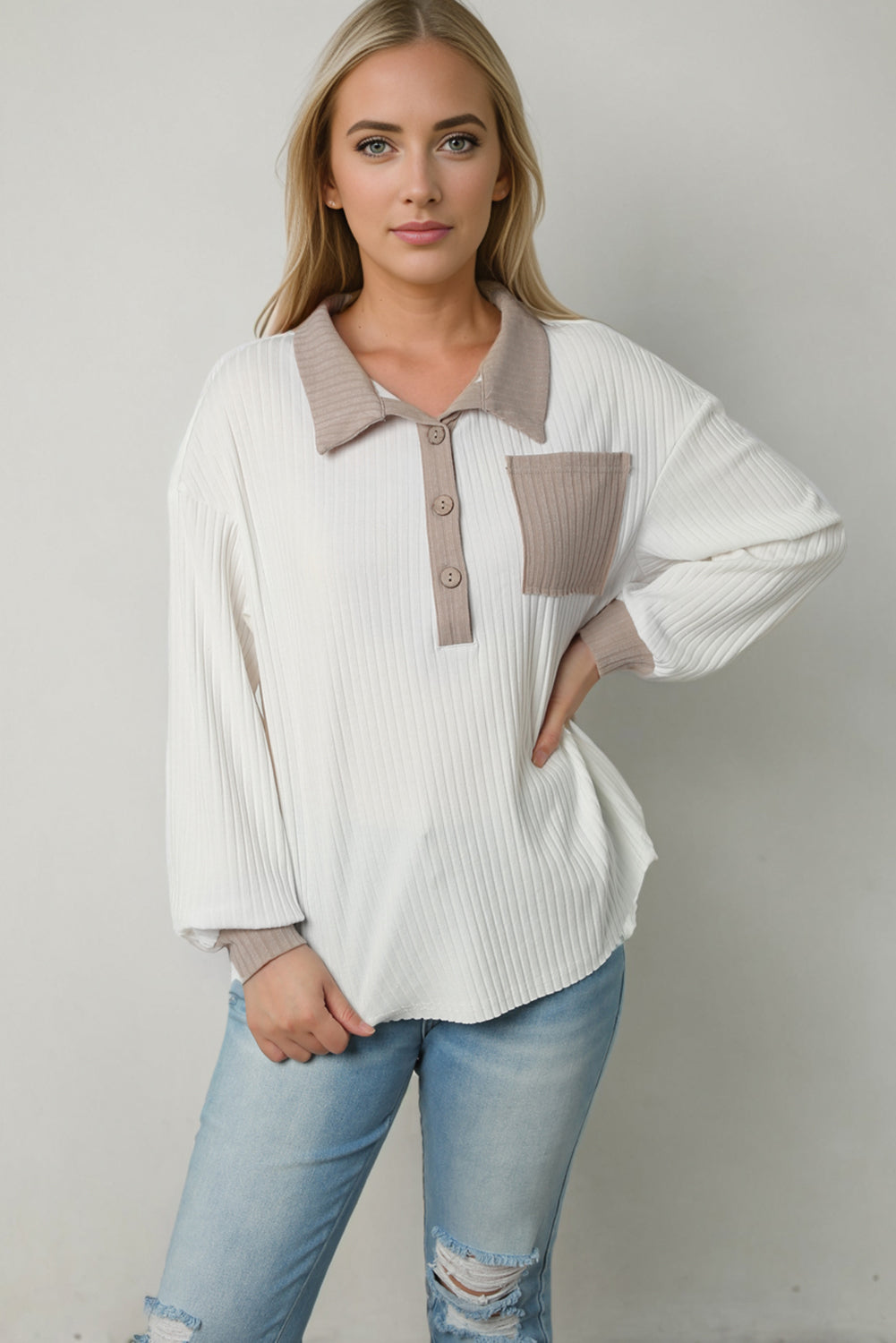 Contrast Trim Buttons Collared Neck Ribbed Knit Top