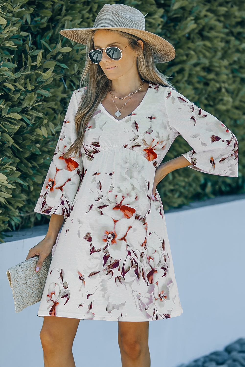 V Neck 3/4 Sleeve Floral Dress