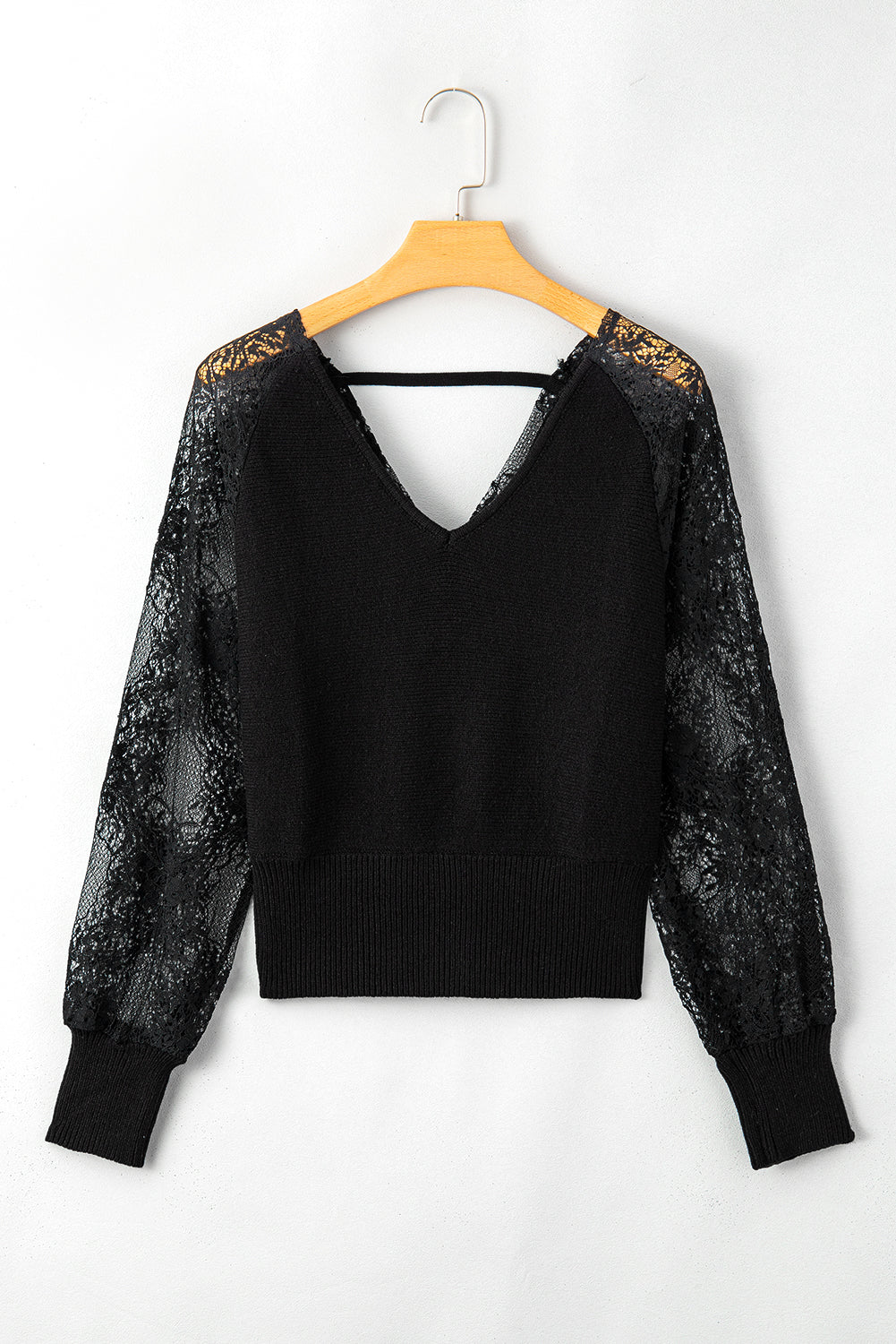 V-Neck Lace Sleeve Pullover Sweater