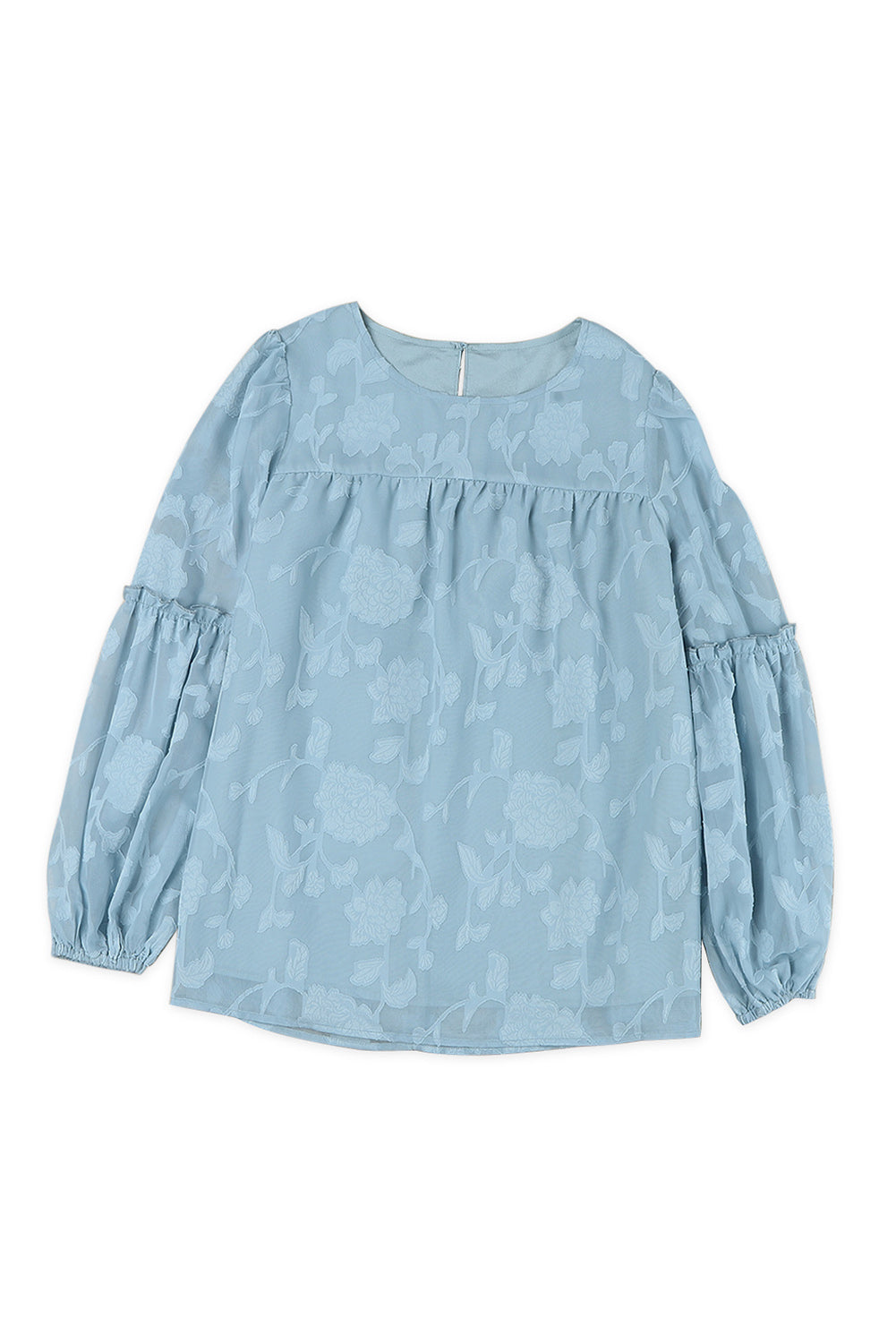 Blouse babydoll bleue texturée à volants et manches lanternes