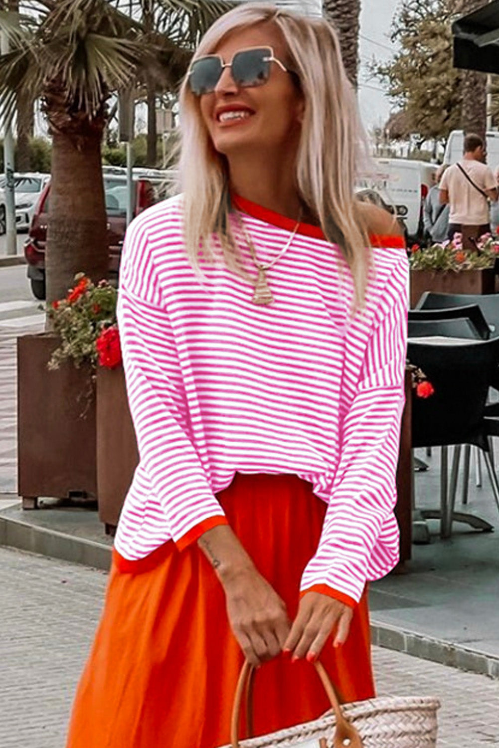 Contrast Trimmed Striped Drop Shoulder Sweater