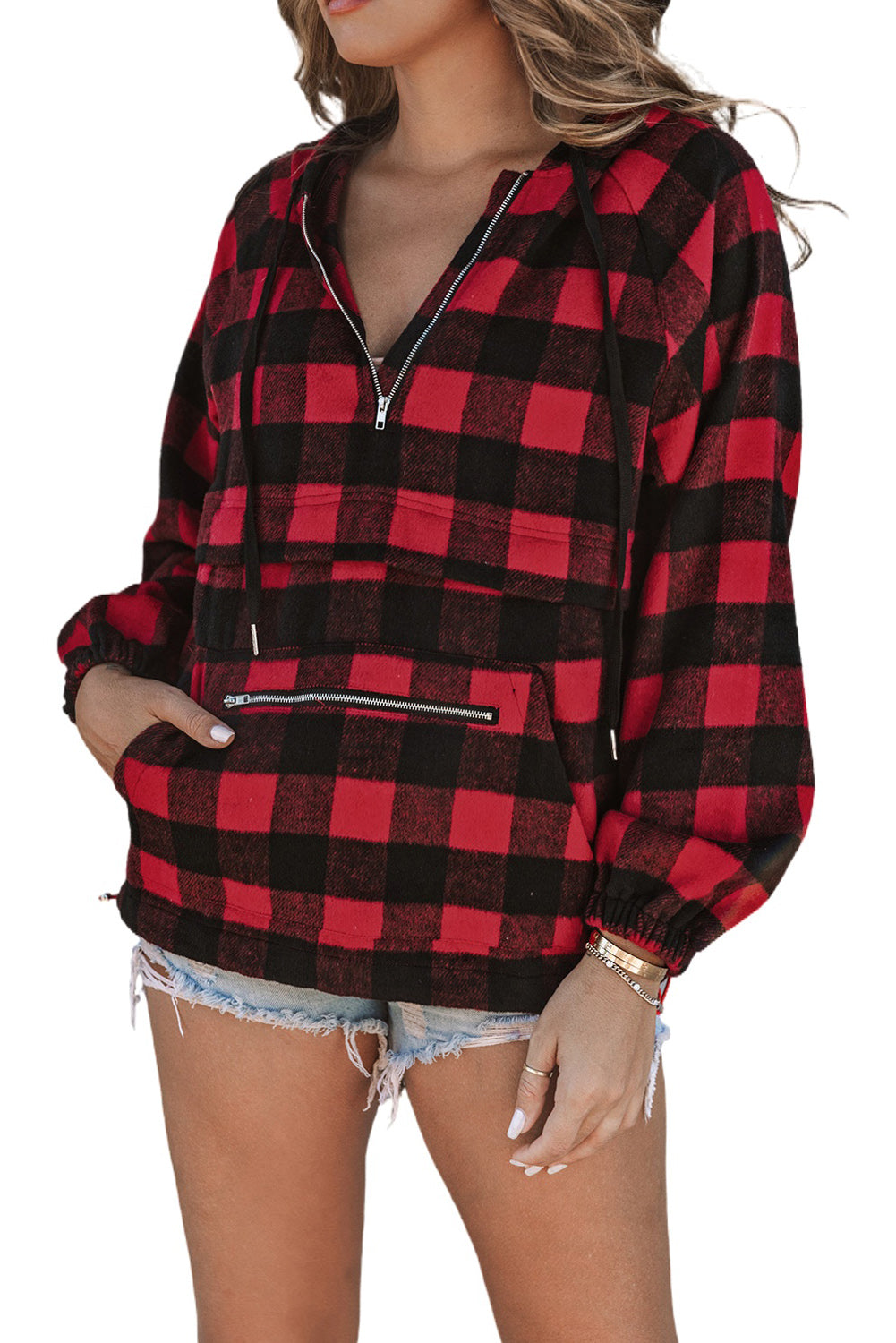 Buffalo Plaid Zipped Front Pocketed Hoodie