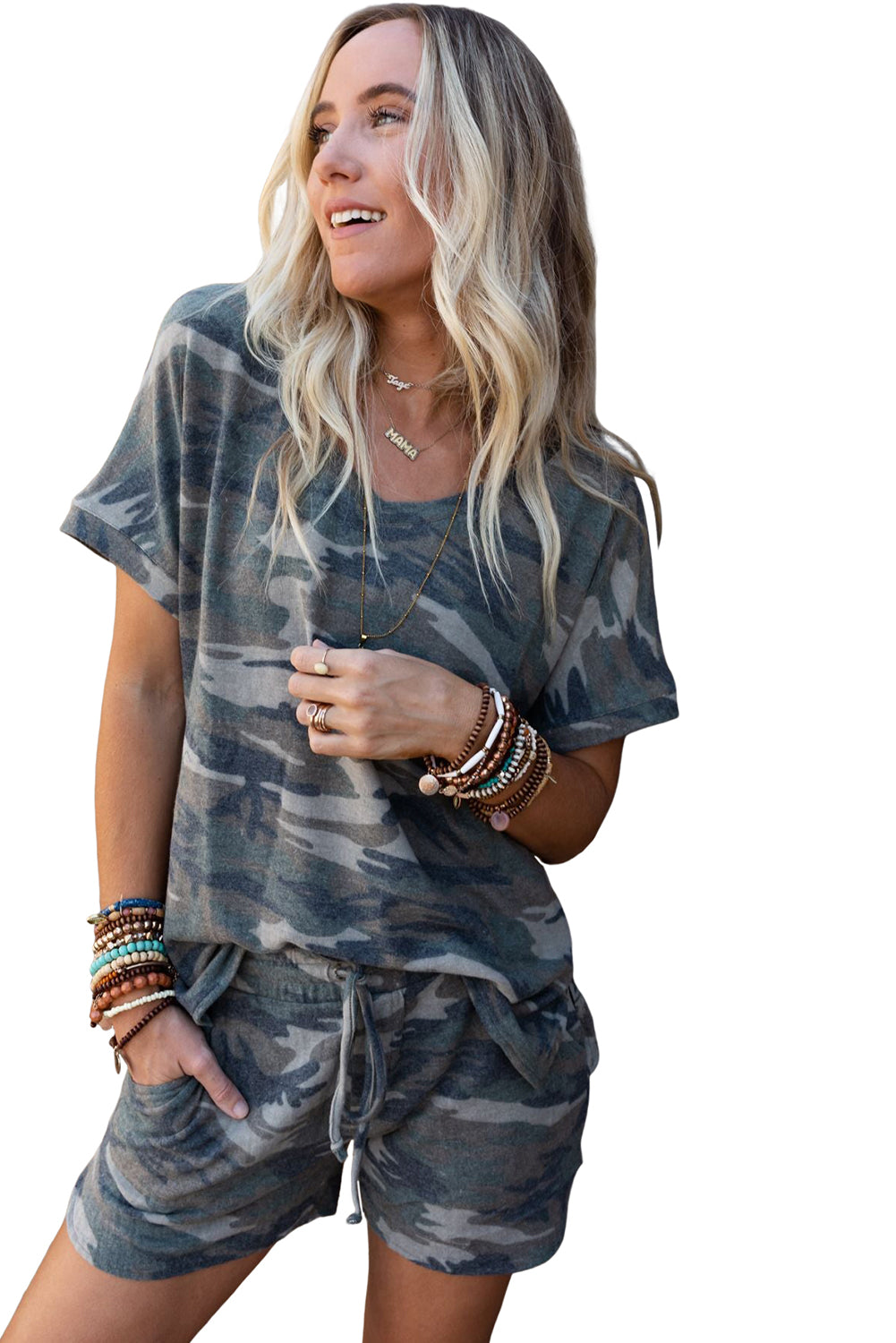 Classic Camo Print Slouchy Loungewear Shorts Set