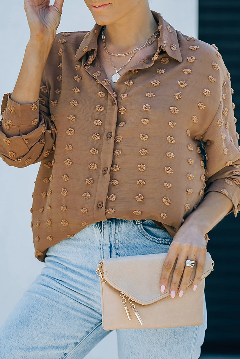 Brown Long Sleeve Button Fuzzy Polka Dot Shirt