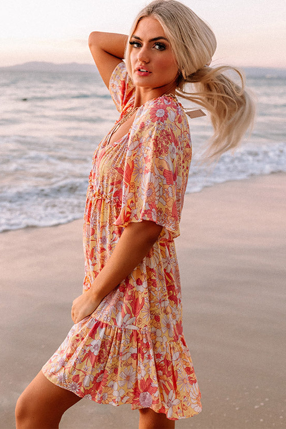 Wide Flutter Sleeve Floral Dress