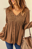 Lace Crochet Buttoned V Neck Babydoll Top