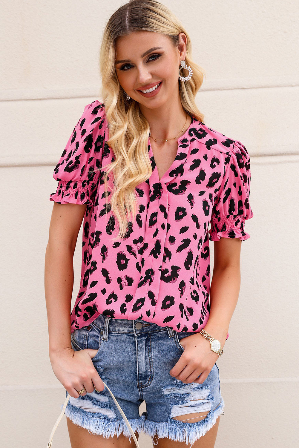 Leopard Notch Neck Bubble Sleeve Blouse