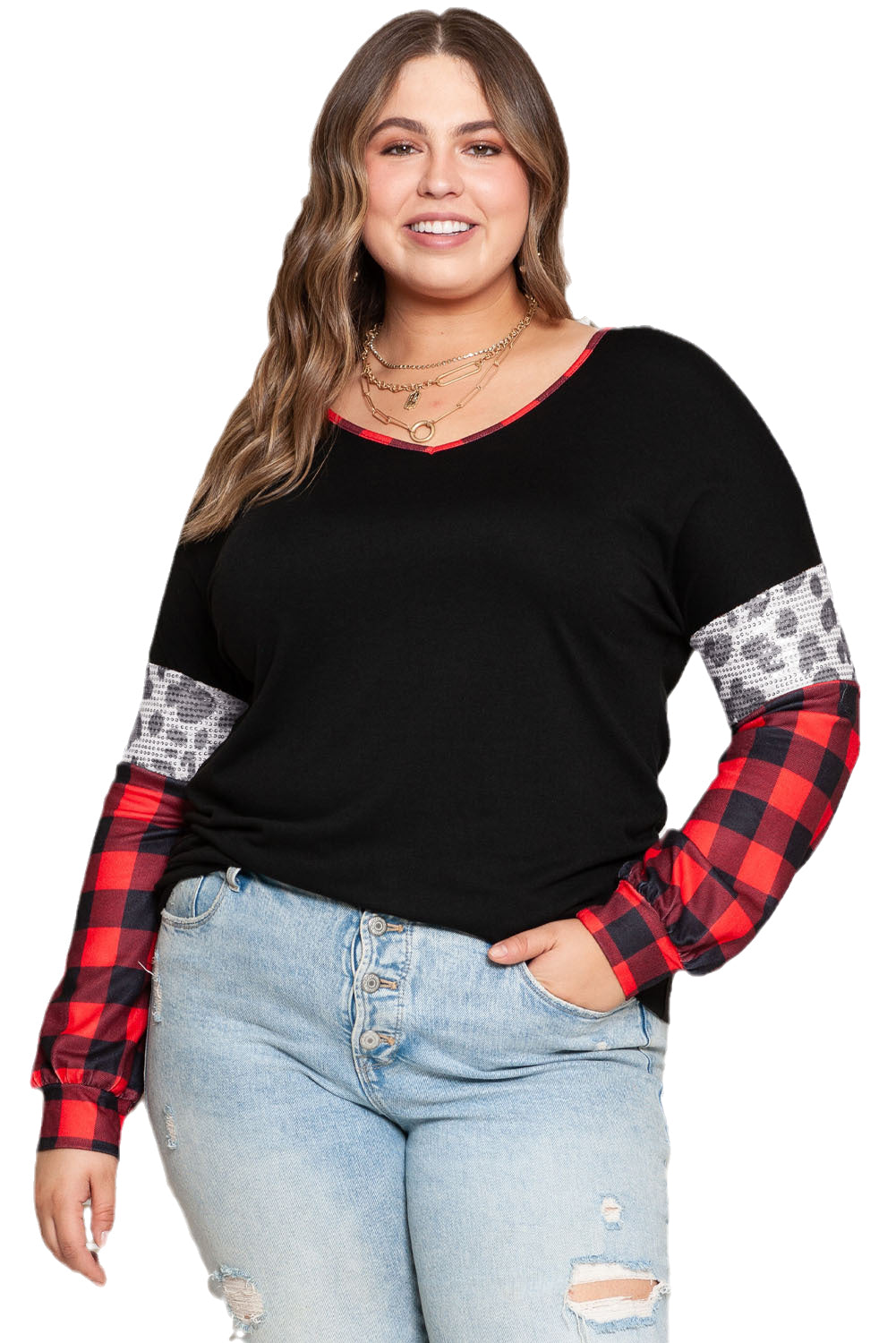 Christmas Tree Plaid Leopard Sequin Plus Size Top