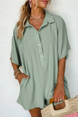 Spinach Green Half Button Collared Loose Romper