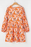 Orange Floral Print Split V Neck Bubble Sleeve Plus Size Midi Dress