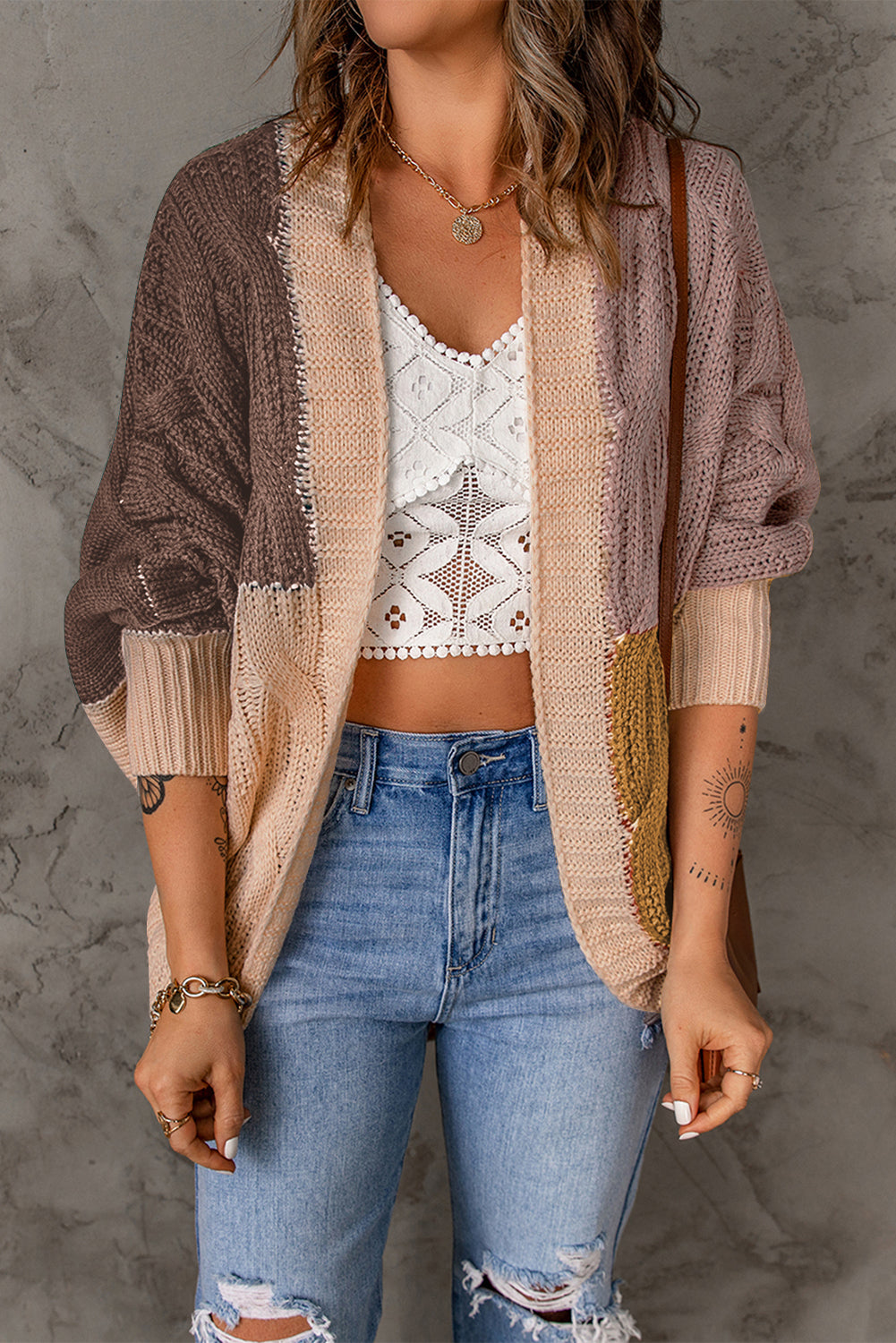 Color Block Loose Open Front Knitted Cardigan