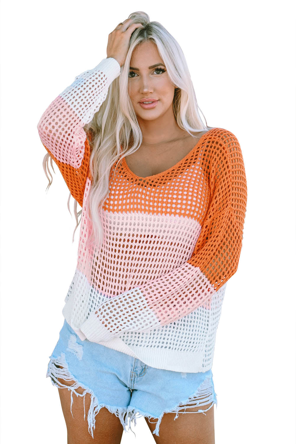 Color Block Eyelet Long Sleeve Twisted Back Knit Top