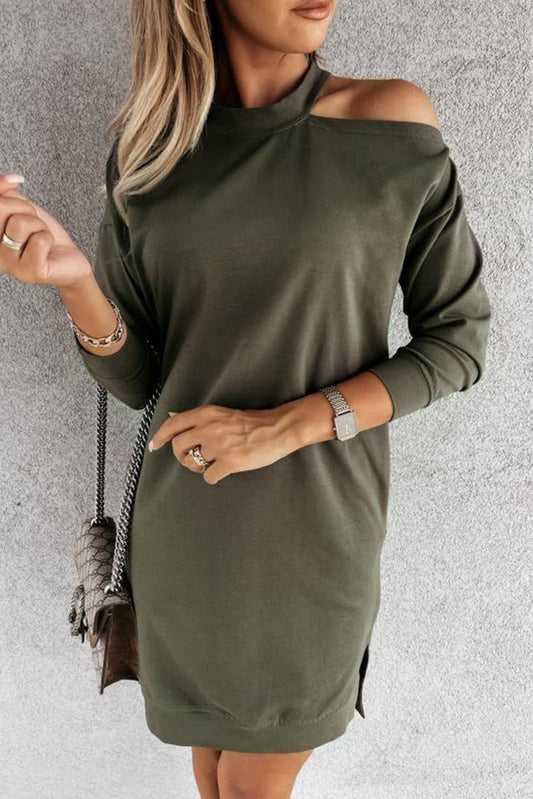 Green Single Cold Shoulder T-shirt Dress with Slits