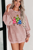 Pink Solid Ribbed Knit Round Neck Pullover Sweatshirt