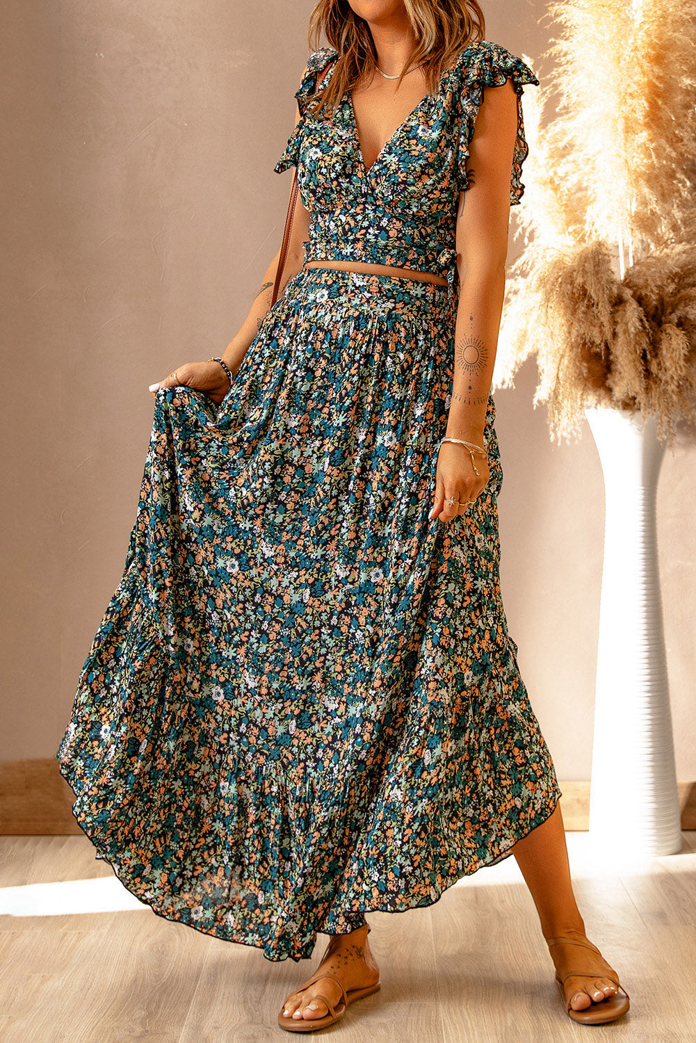 Floral Ruffled Crop Top and Maxi Skirt Set