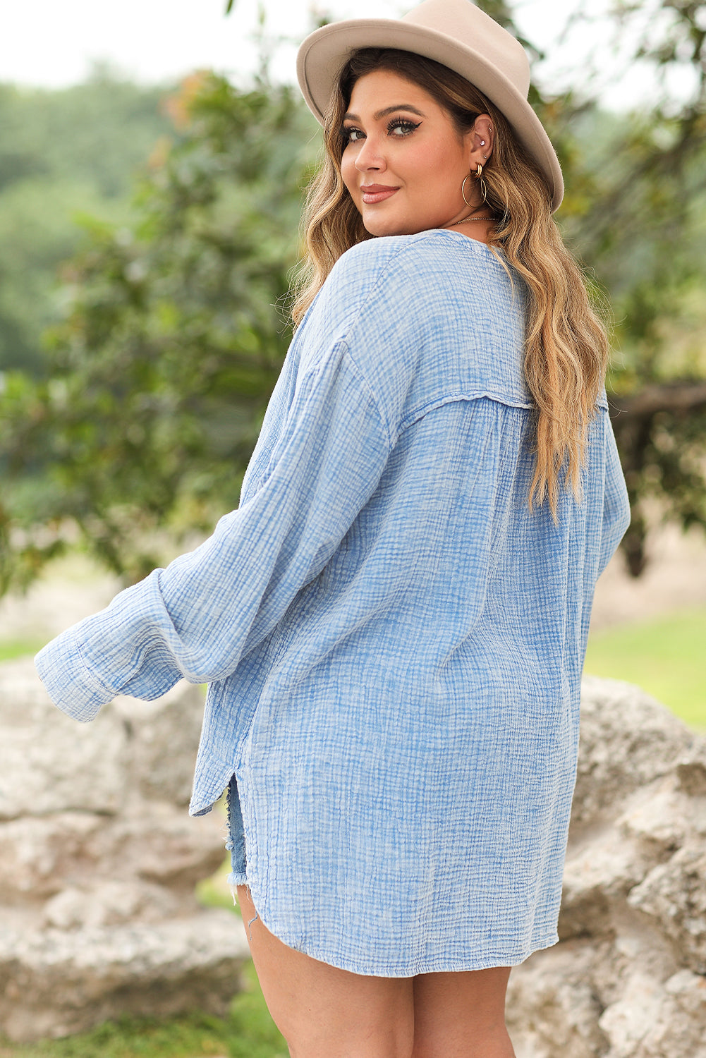 Sky Blue Crinkle Textured Loose Henley Top