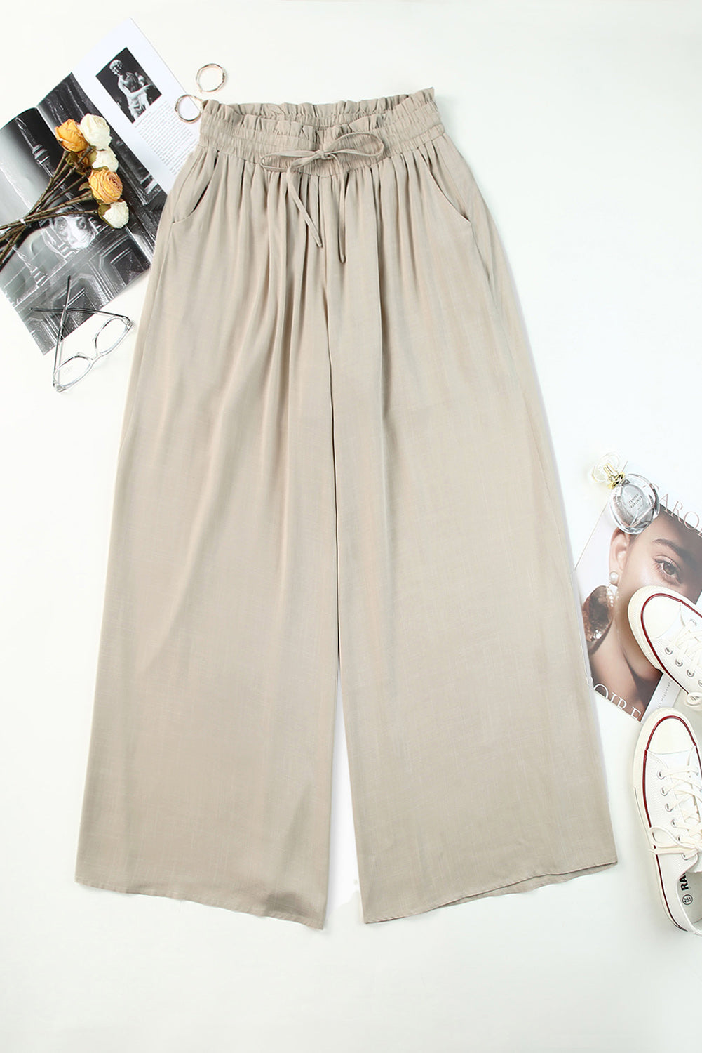 Gray Drawstring Smocked High Waist Wide Leg Pants