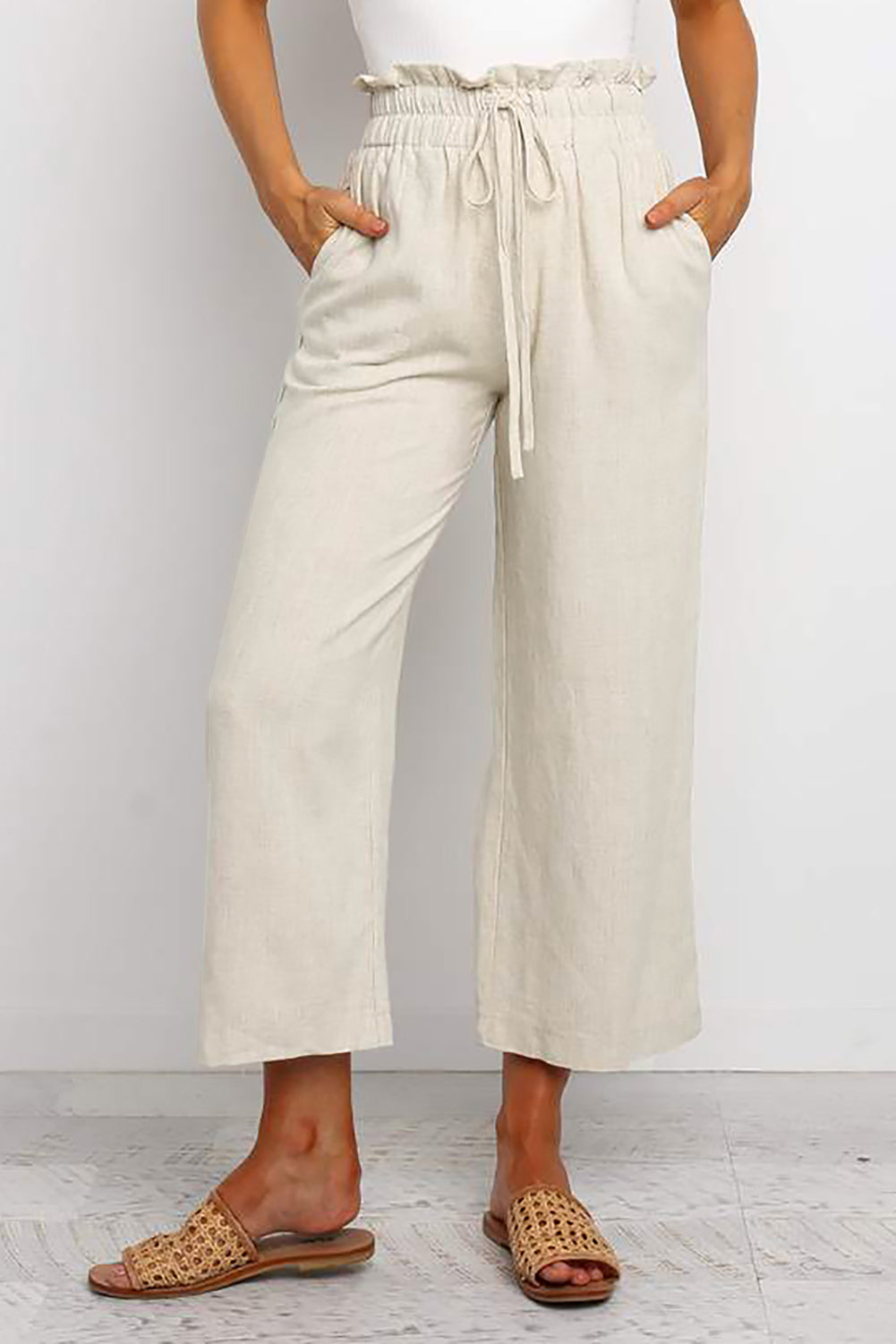 Paperbag Waist Straight Leg Cropped Pants