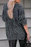 Gray Leopard Print Button Split Neck Waffle Sweatshirt